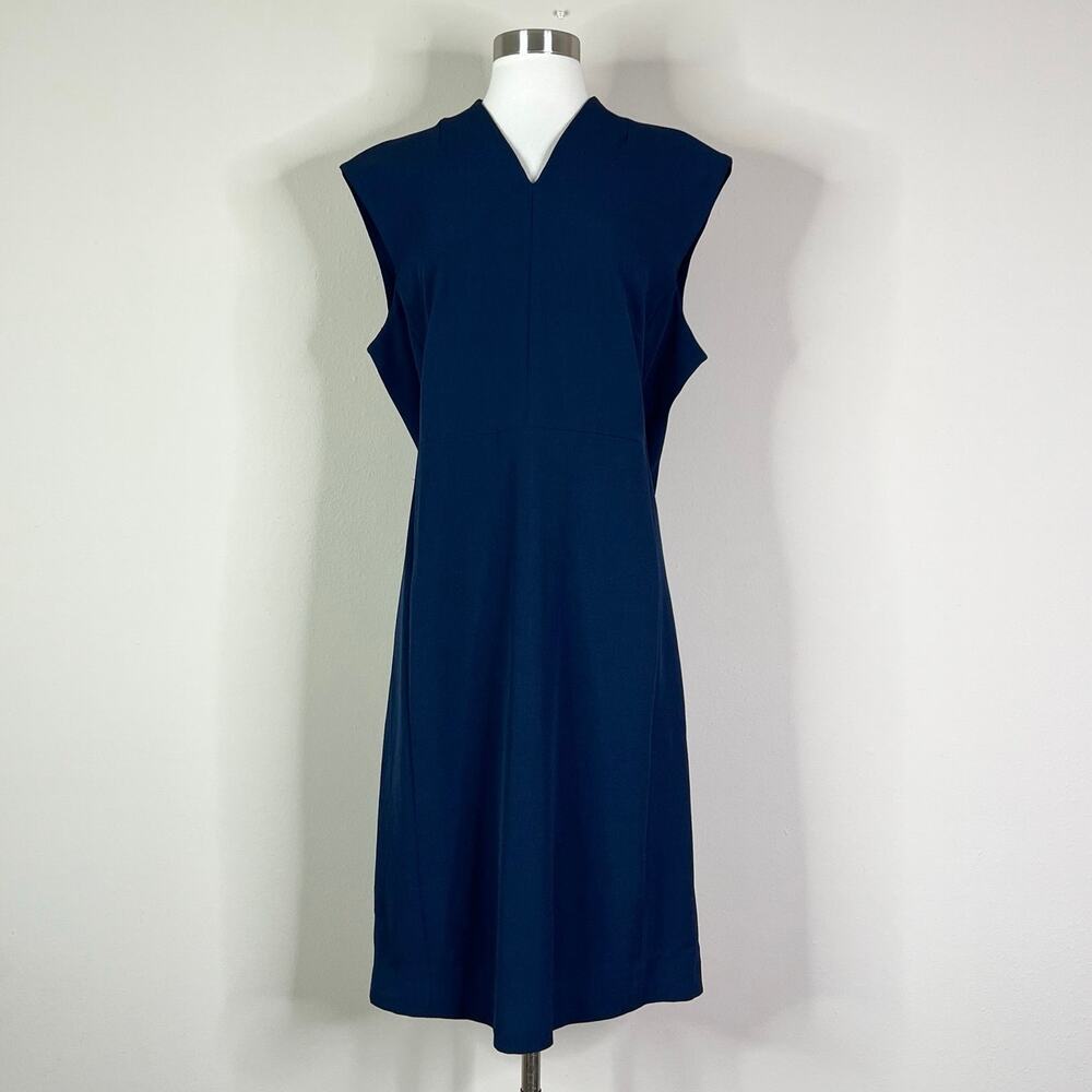 NEW MM LaFleur | Aditi Blue Tailored V Neck Sheath Workwear Minimalist Dress 16 - Picture 2 of 9